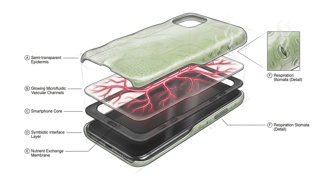 Symbio-Shell：生物工程手机壳爆炸解剖示意。半透明有机表皮、红色微流控、边缘气孔、技术白板风格。