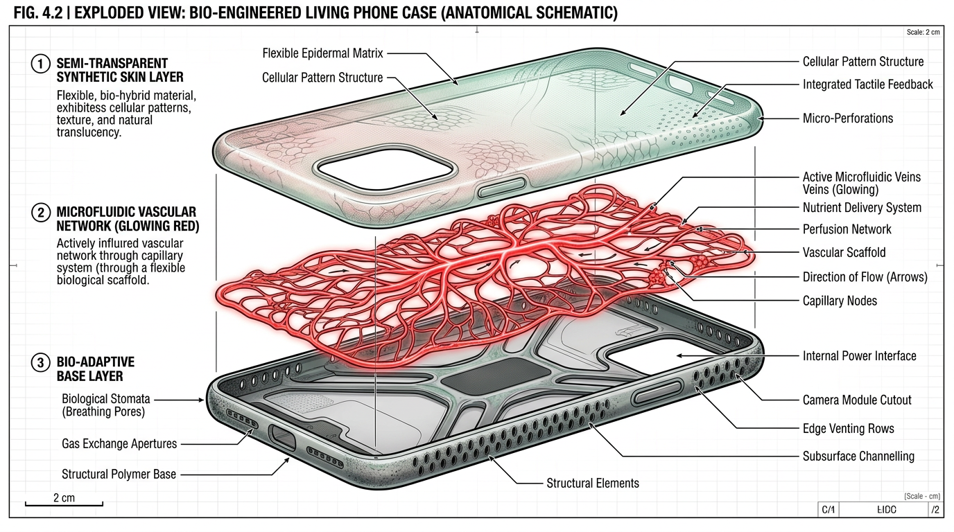 Symbio-Shell：仅壳体三层的爆炸解剖示意。合成皮肤、红色微流控、边缘气孔基底。