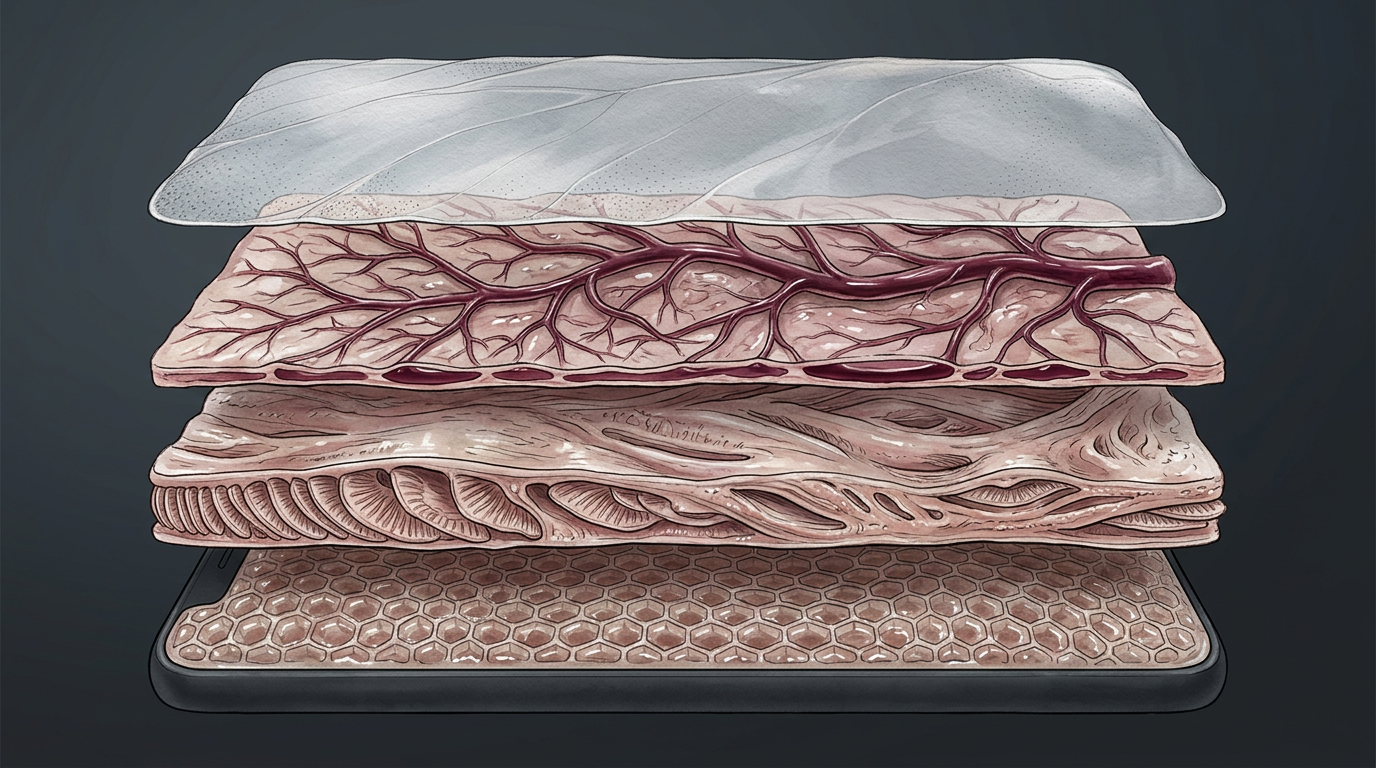 生物工程手机壳爆炸拆解：深石板灰背景；四层垂直分离——半透明蝉翼状微孔角膜样表皮；解剖图式毛细血管网充深红液体；侧缘鱼鳃重叠瓣膜；贴机侧湿润蜂窝组织。无金属光泽，实验室无影灯式柔光，有机肉质半透明。