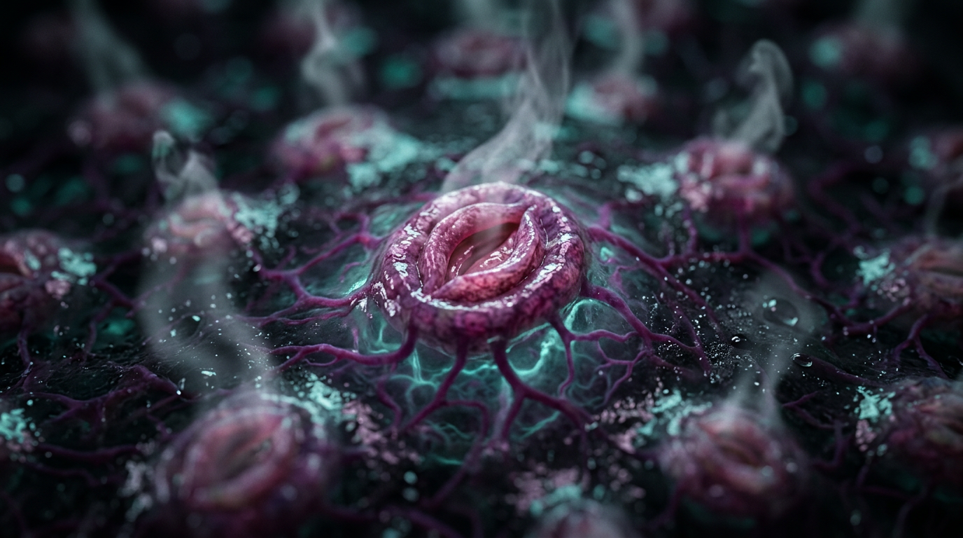 分镜成图 v3：极微距表皮上多枚分散呼吸孔，景深主次分明，紫红微血管与生物荧光、鳃瓣、蒸汽与水珠。