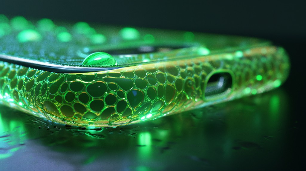 Symbio-Shell 侧缘极微距：机身边角覆盖半透明蜂窝状细胞栅格，内部泛青绿色代谢辉光，表面有清晰凝露水滴，示意可张合组织与蒸发换热。