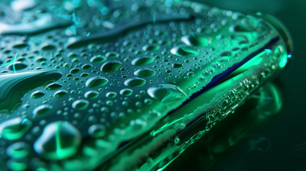 Symbio-Shell 极近特写：深色壳面布满凝结水珠，侧缝透出青绿生物光，如同鳃裂呼气与汗液蒸发并存的散热界面。