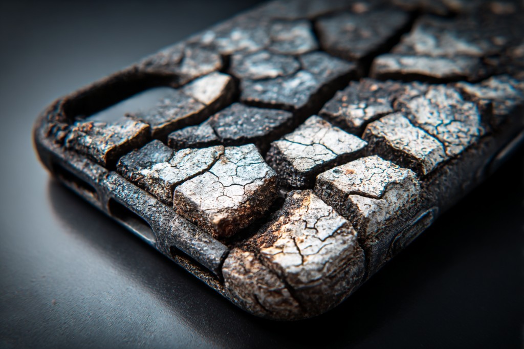 Symbio-Shell 失活态：背壳呈焦灼块状隆起与深裂沟，灰黑如钙化死皮，相机开孔仍存。