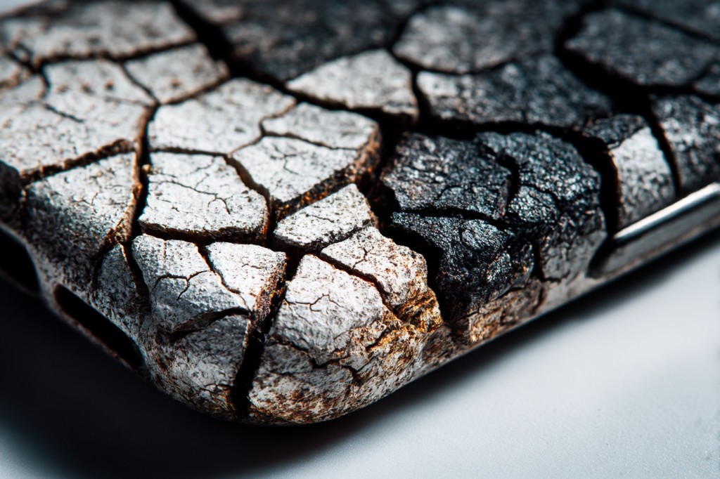 Symbio-Shell 失活态：机角形如干涸龟裂土层，灰白与炭黑交错，充电口隐约可辨，背景干净高调。