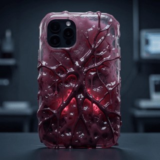 Symbio-Shell：立姿整壳，肉质半透明表皮与充血状血管、内发光，强调有机依赖与情感化界面。