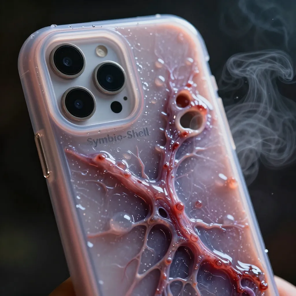 Symbio-Shell：半透明活体外被覆于机身，表面湿润毛孔感，内见深红微流控网络，侧缘气孔排出蒸汽——与「让身体重新直觉地感知设备」这一动机对照。