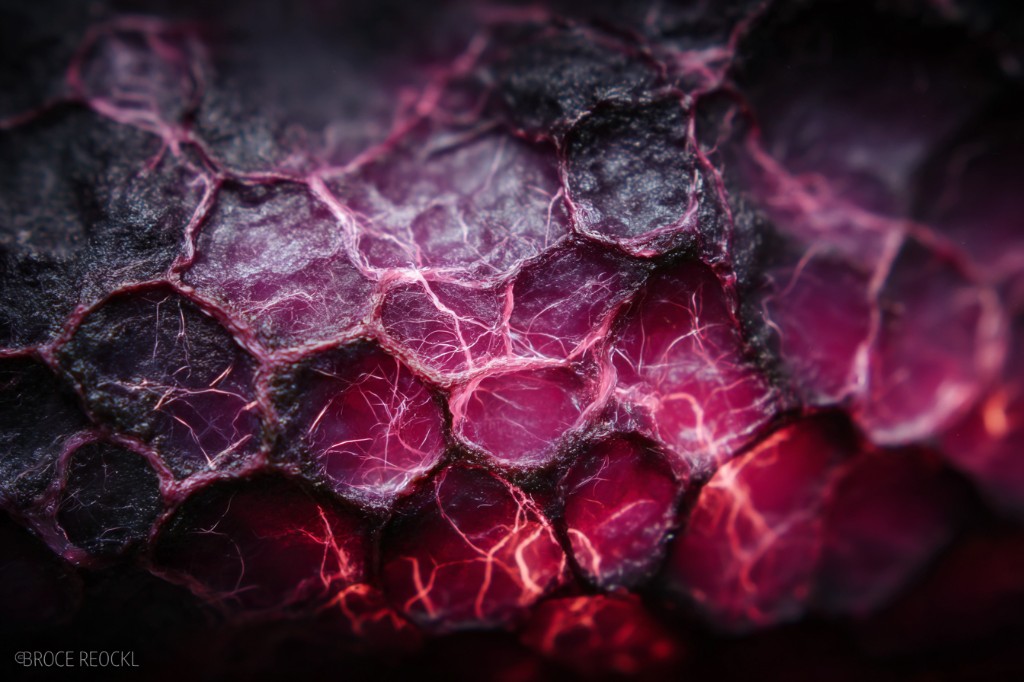 Symbio-Shell 表面极微距：深色蜂窝状格室内含品红发光代谢区与细丝状毛细网络，示意 MFC 与营养输送。