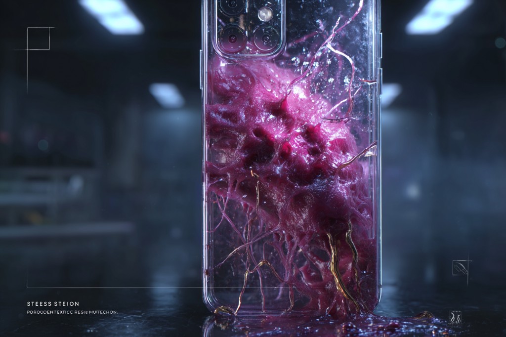 Symbio-Shell 实验台立式整体：透明外壳内品红有机团块、红色血管与金色丝状体包裹手机，暗环境反射面。