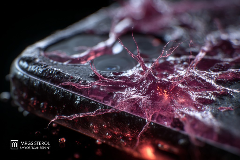 Symbio-Shell 机角极微距：半透明合成表皮下水珠与粉紫分支状微流控网络贴附机身，浅景深突出「充血」与湿润表皮。