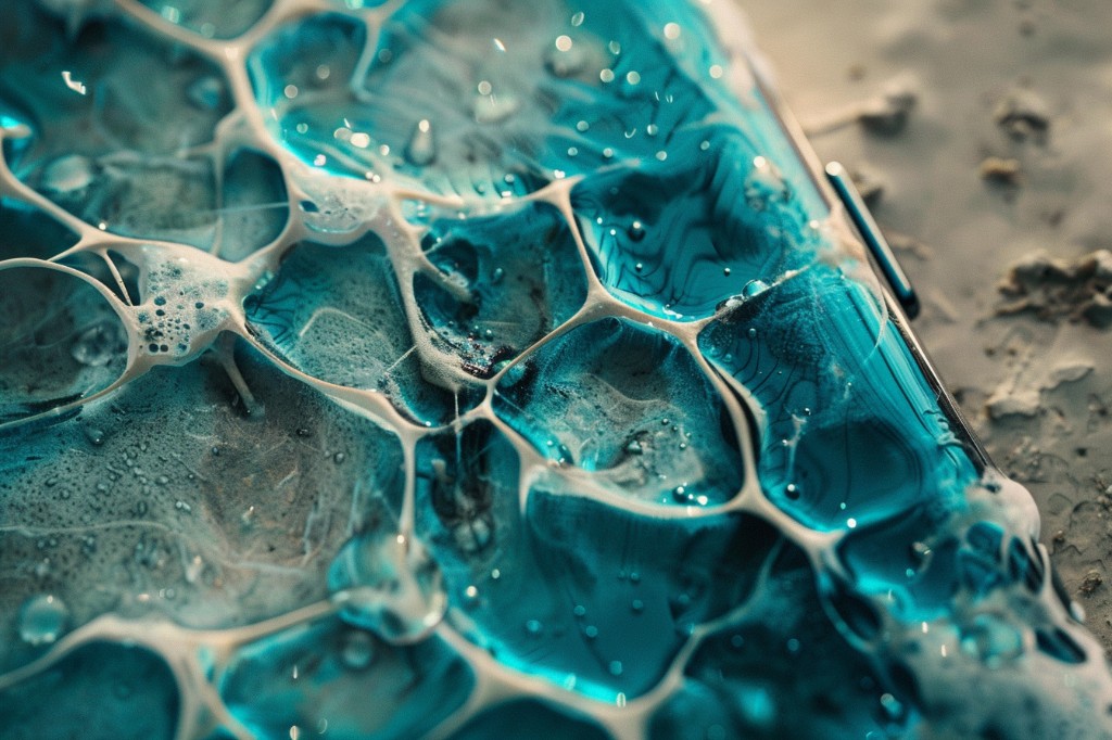 Symbio-Shell 复苏微距：白色不规则格栅格室内充满青绿起泡体液，边缘见硬件倒角，象征代谢回路重启。