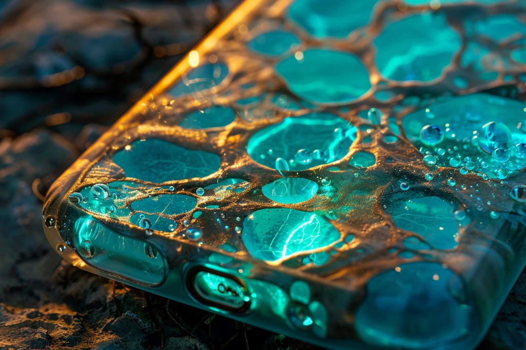 Symbio-Shell 复苏态：深色网状外骨骼裂开，内部青绿发光腔室与金色纹理可见，表面凝露示意再度含水与代谢重启。